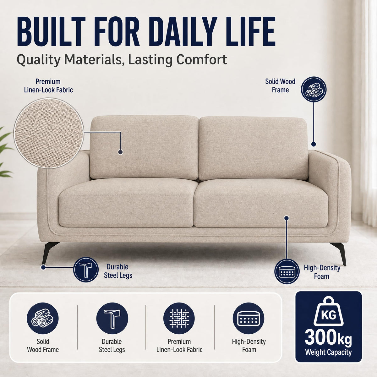 Brixton Cream Fabric Sofa, 3 Seater Linen Look Settee with Solid Wood Frame, Foam Cushions and Steel Legs