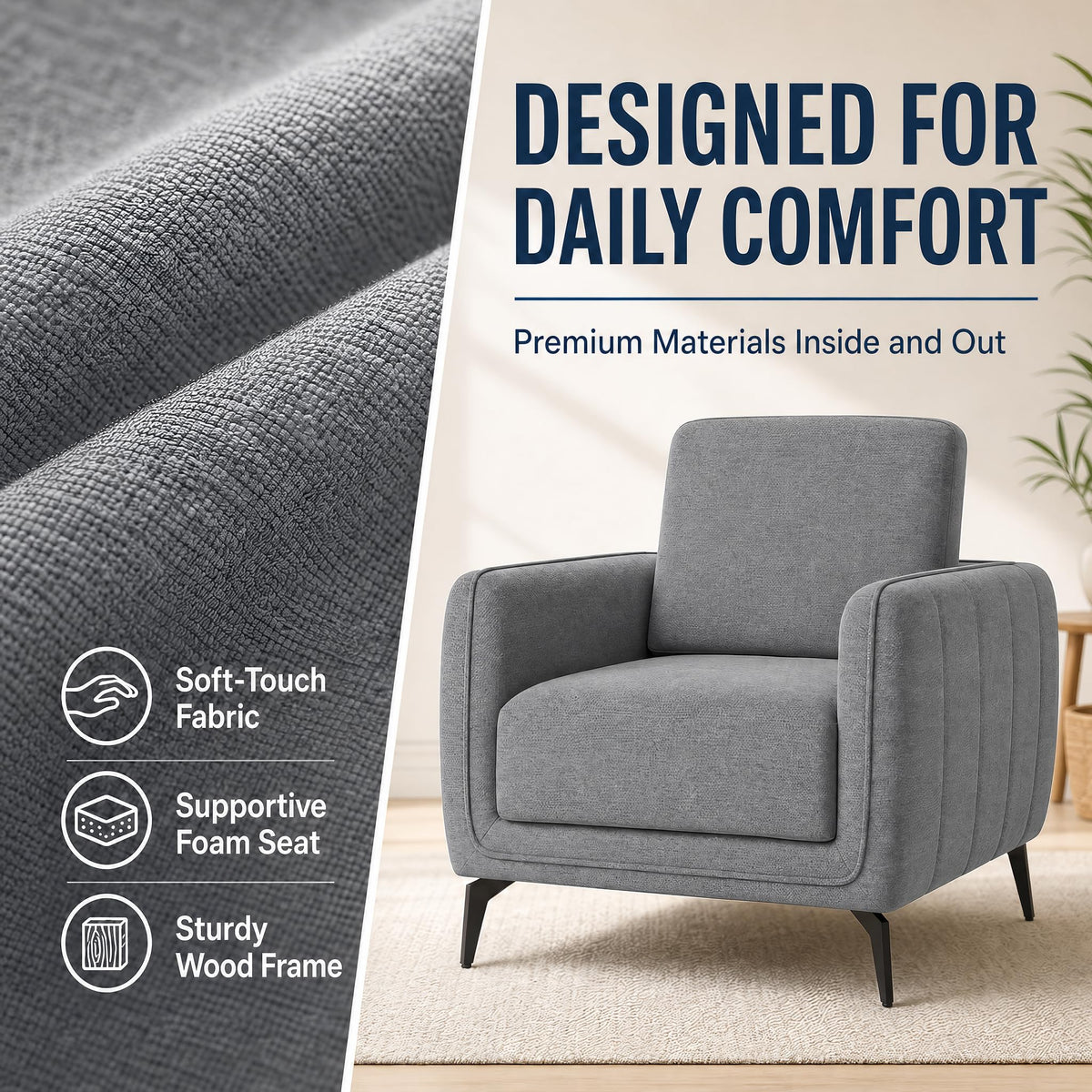 Brixton Grey Linen Look Fabric Armchair, Modern Accent Chair with Solid Wood Frame and Black Steel Legs