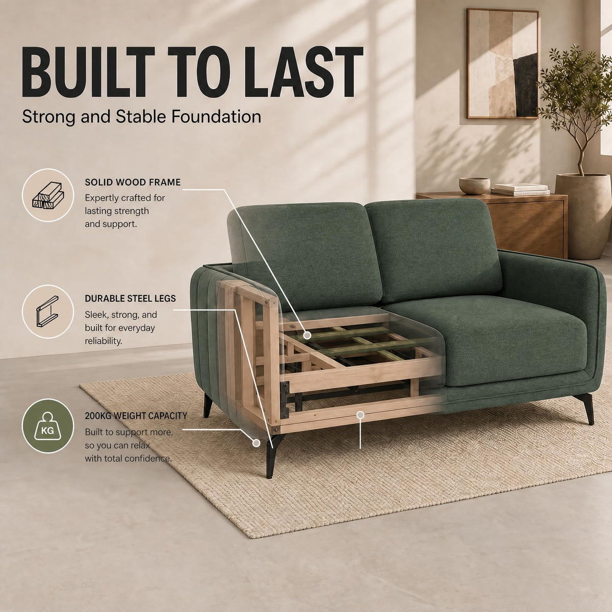 Brixton Green Fabric Sofa, 2 Seater Linen Look Settee with Solid Wood Frame, Foam Cushions and Steel Legs