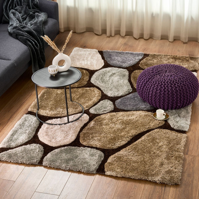 Brown and Grey 3D Pebbles Shaggy Rug - Hawaii-Bargainia.com