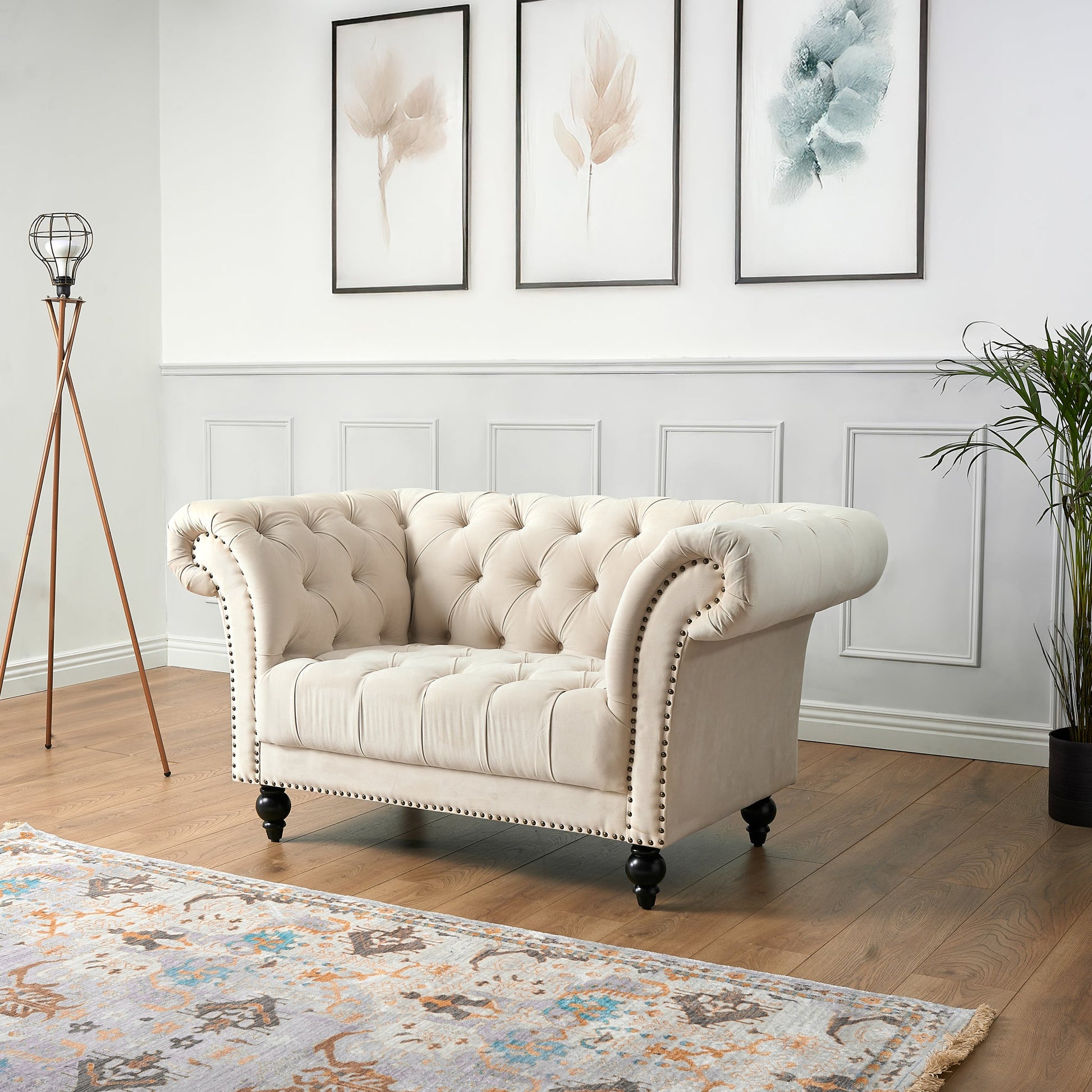Cambridge Chesterfield Arm Chair - Velvet Cream Bargainia Single Arm Chair
