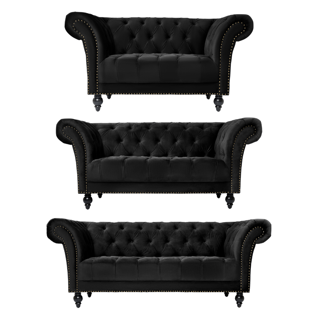 Cambridge Velvet Chesterfield Sofa Suite - Black - Bargainia.com - 