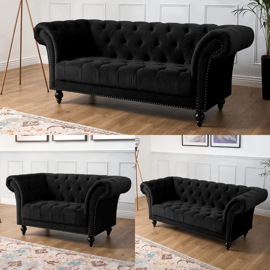 Cambridge Velvet Chesterfield Sofa Suite - Black Bargainia