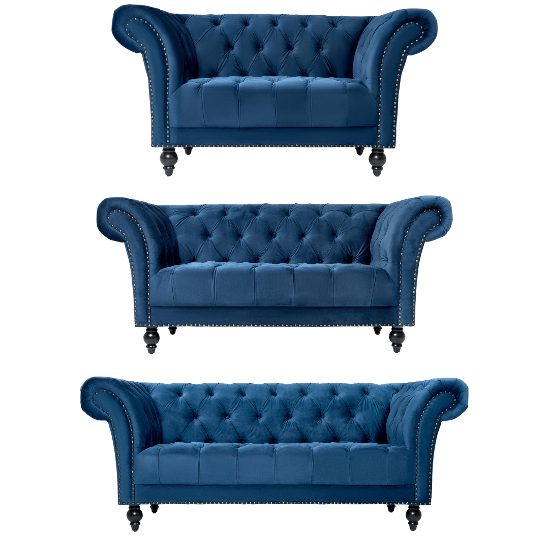 Cambridge Velvet Chesterfield Sofa Suite - Blue - Bargainia.com - 