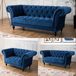 Cambridge Velvet Chesterfield Sofa Suite - Blue - Bargainia.com - 