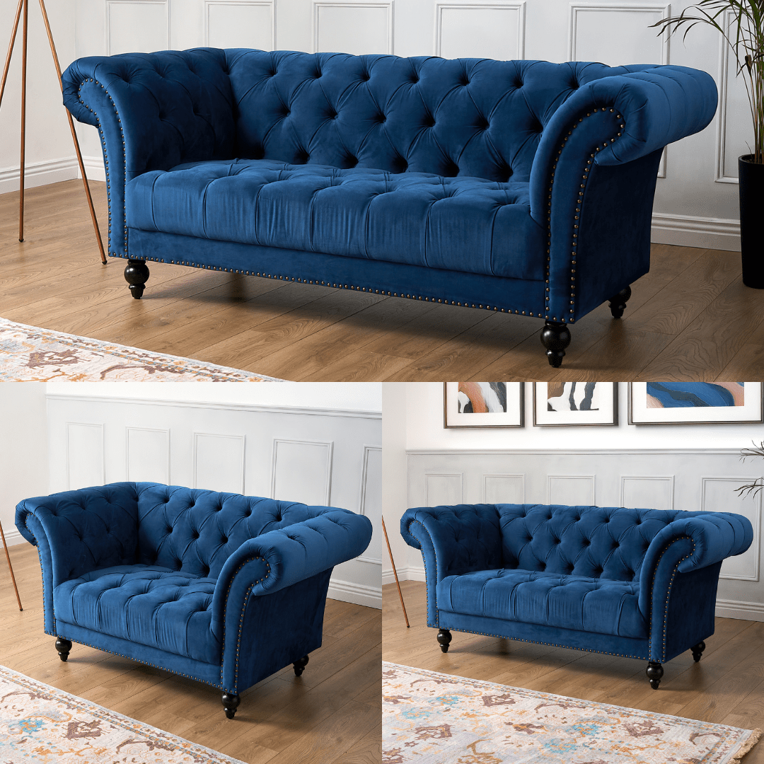 Cambridge Velvet Chesterfield Sofa Suite - Blue Bargainia