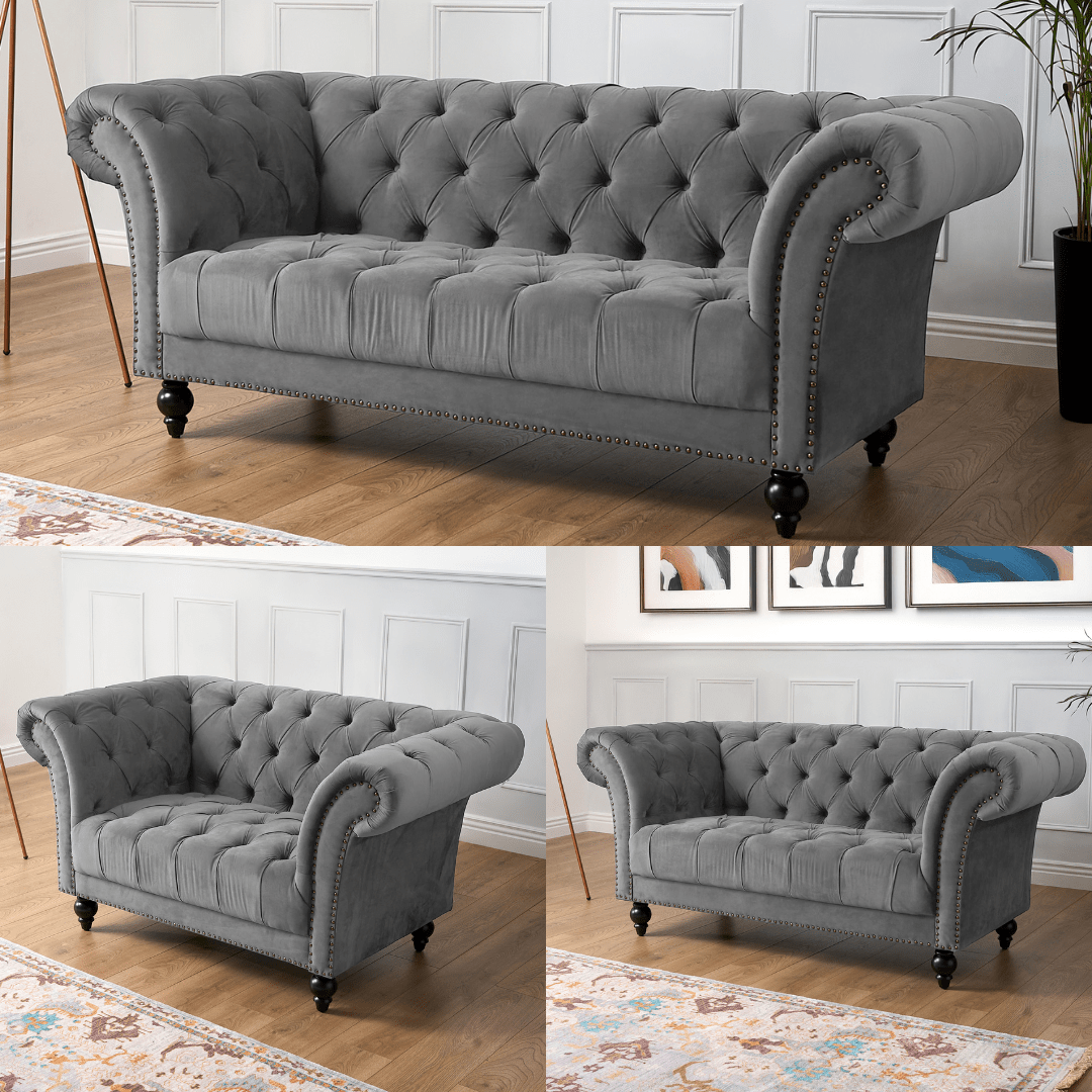 Cambridge Velvet Chesterfield Sofa Suite - Grey Bargainia