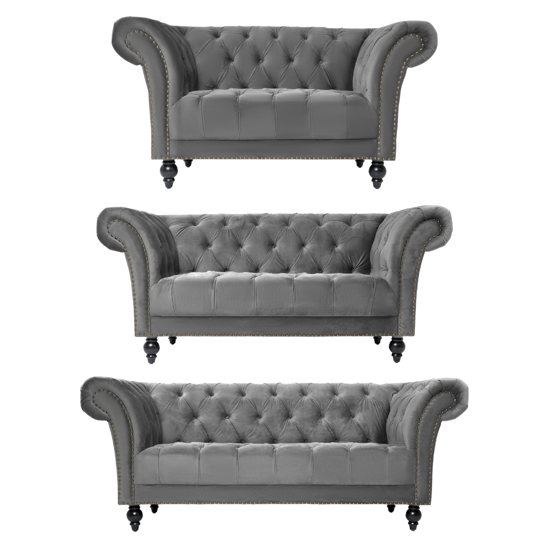 Cambridge Velvet Chesterfield Sofa Suite - Grey - Bargainia.com - 