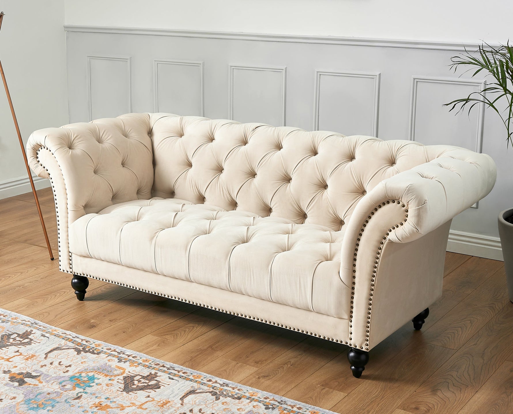 Cambridge Velvet Chesterfield Three Seater Sofa - Cream - Bargainia.com - 