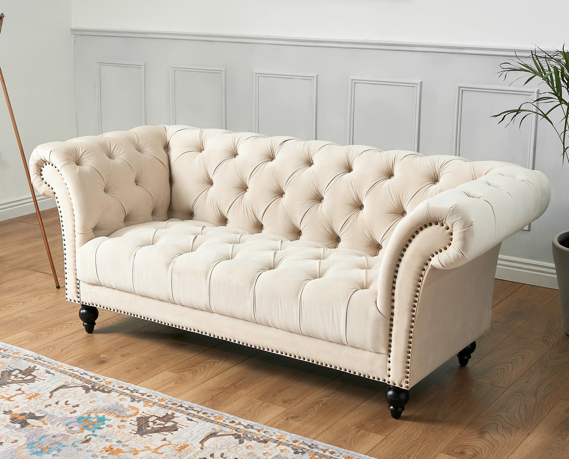 Cambridge Velvet Chesterfield Three Seater Sofa - Cream Bargainia