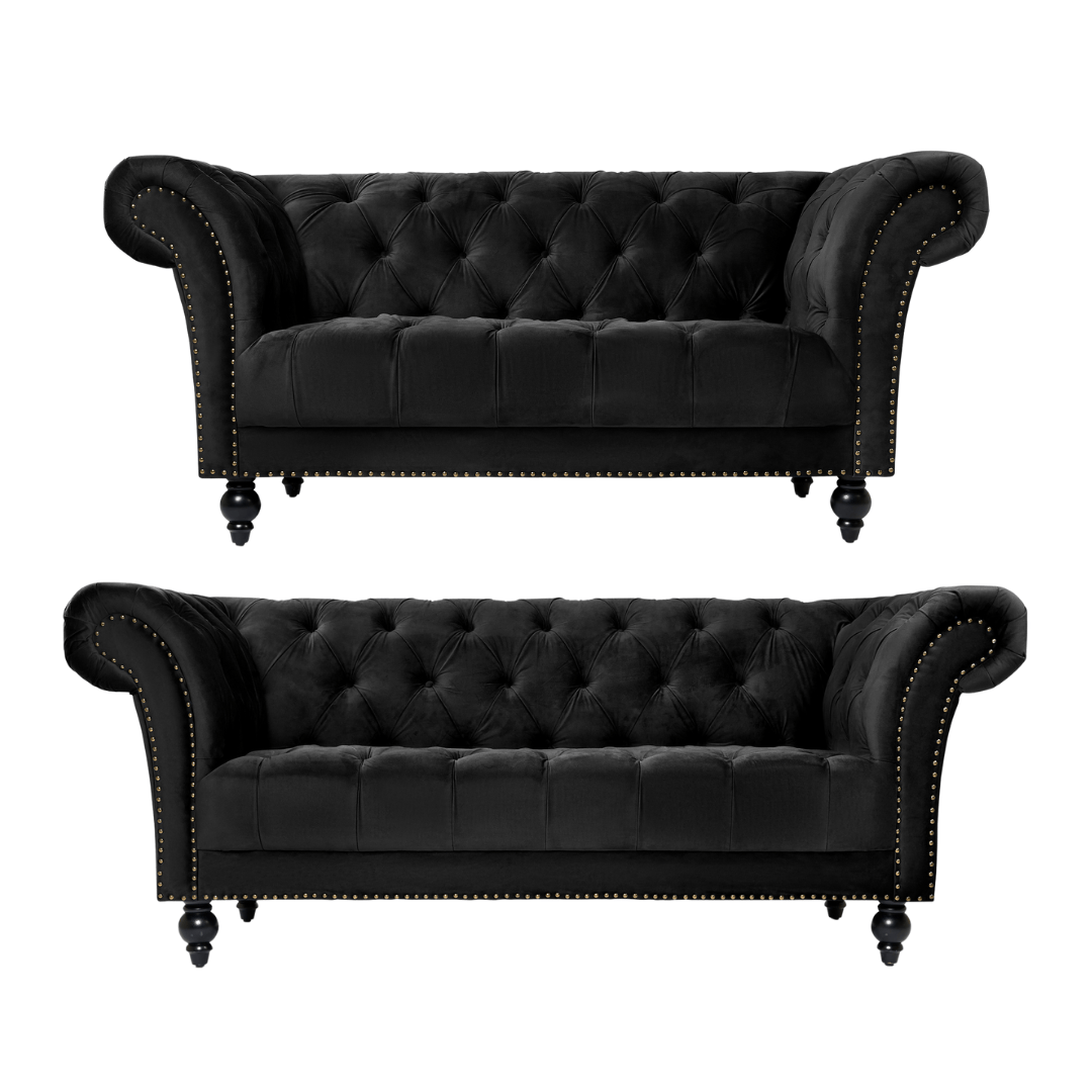 Cambridge Velvet Chesterfield Two & Three Seater Sofa Set - Black Bargainia