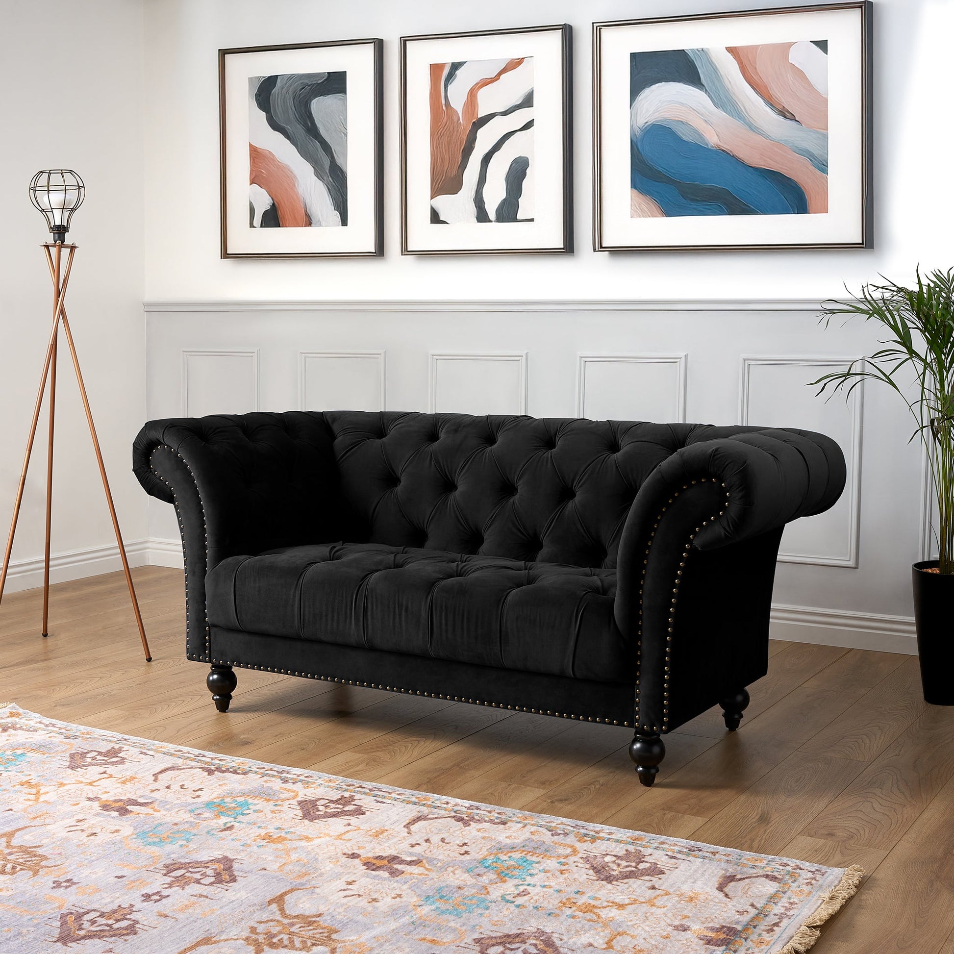 Cambridge Velvet Chesterfield Two & Three Seater Sofa Set - Black Bargainia