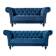 Cambridge Velvet Chesterfield Two & Three Seater Sofa Set - Blue Bargainia