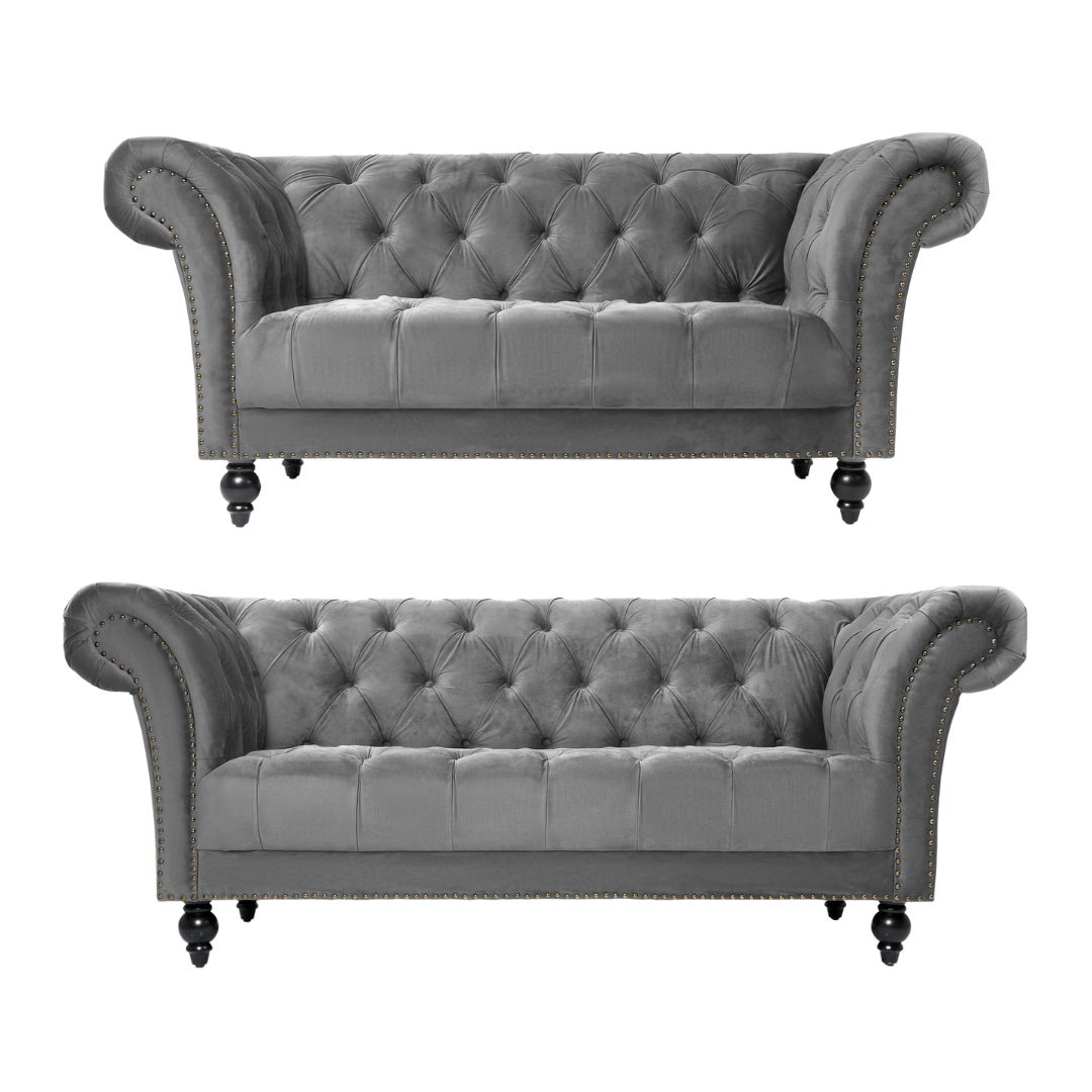 Cambridge Chesterfield Two & Three Seater Sofa Set - Velvet Grey Bargainia