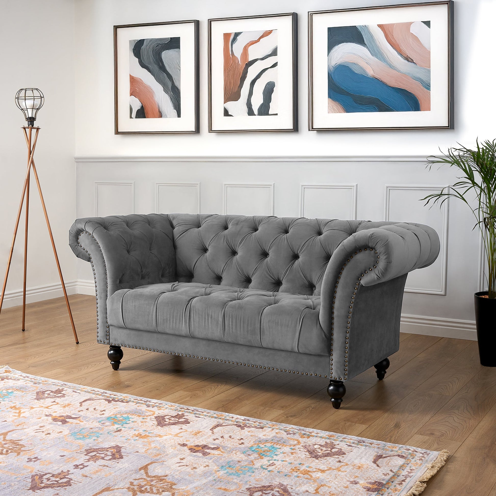 Cambridge Velvet Chesterfield Two Seater Sofa - Grey Bargainia