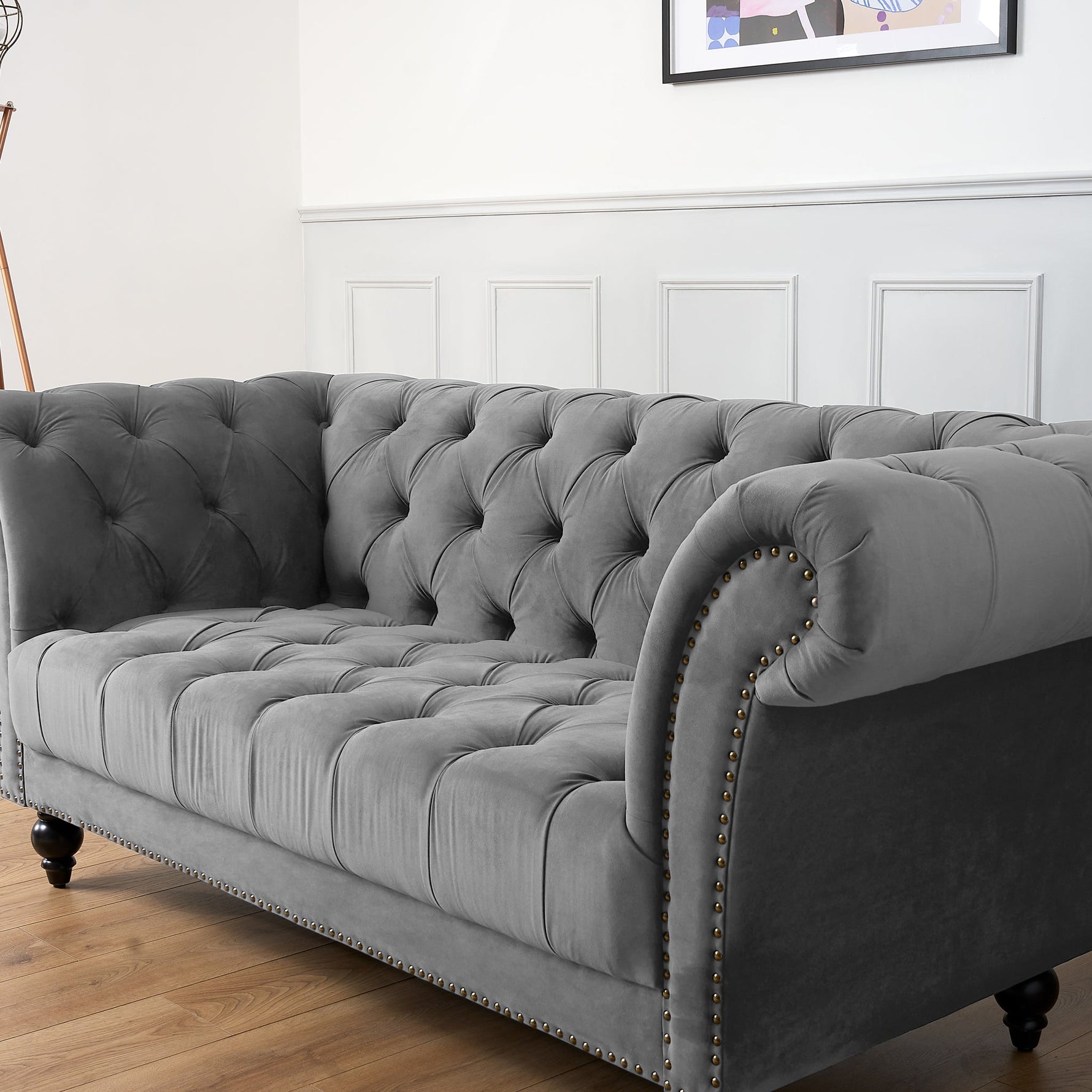 Cambridge Velvet Chesterfield Two & Three Seater Sofa Set - Grey - Bargainia.com - 