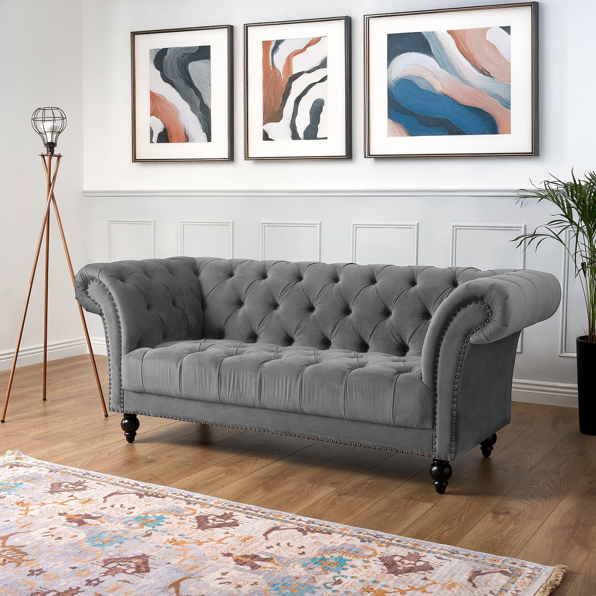 Cambridge Velvet Chesterfield Three Seater Sofa - Grey Bargainia