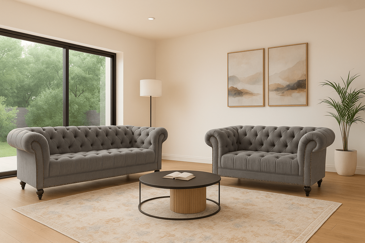 Cambridge Chesterfield Two & Three Seater Sofa Set - Velvet Grey Bargainia