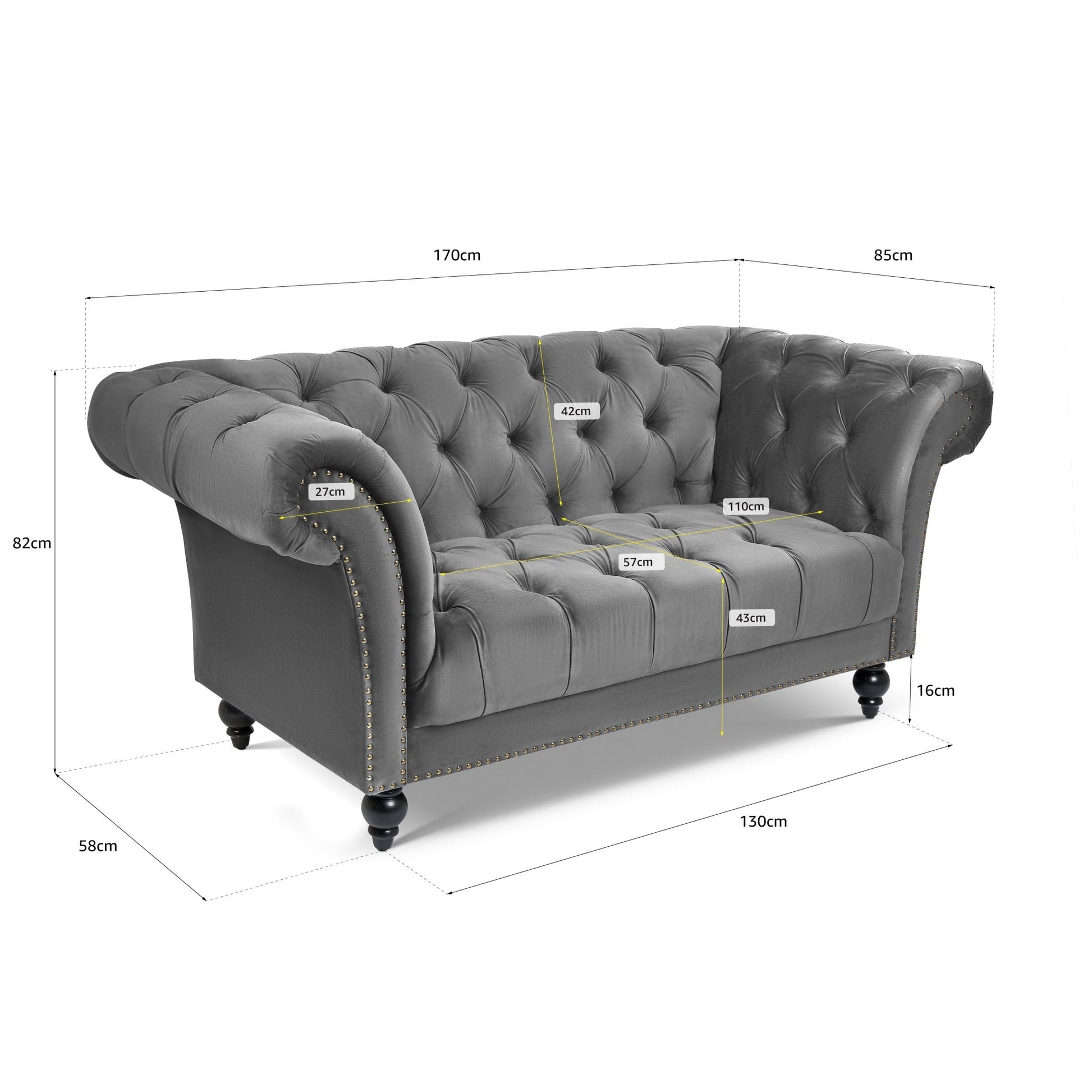 Cambridge Velvet Chesterfield Two Seater Sofa - Grey Bargainia