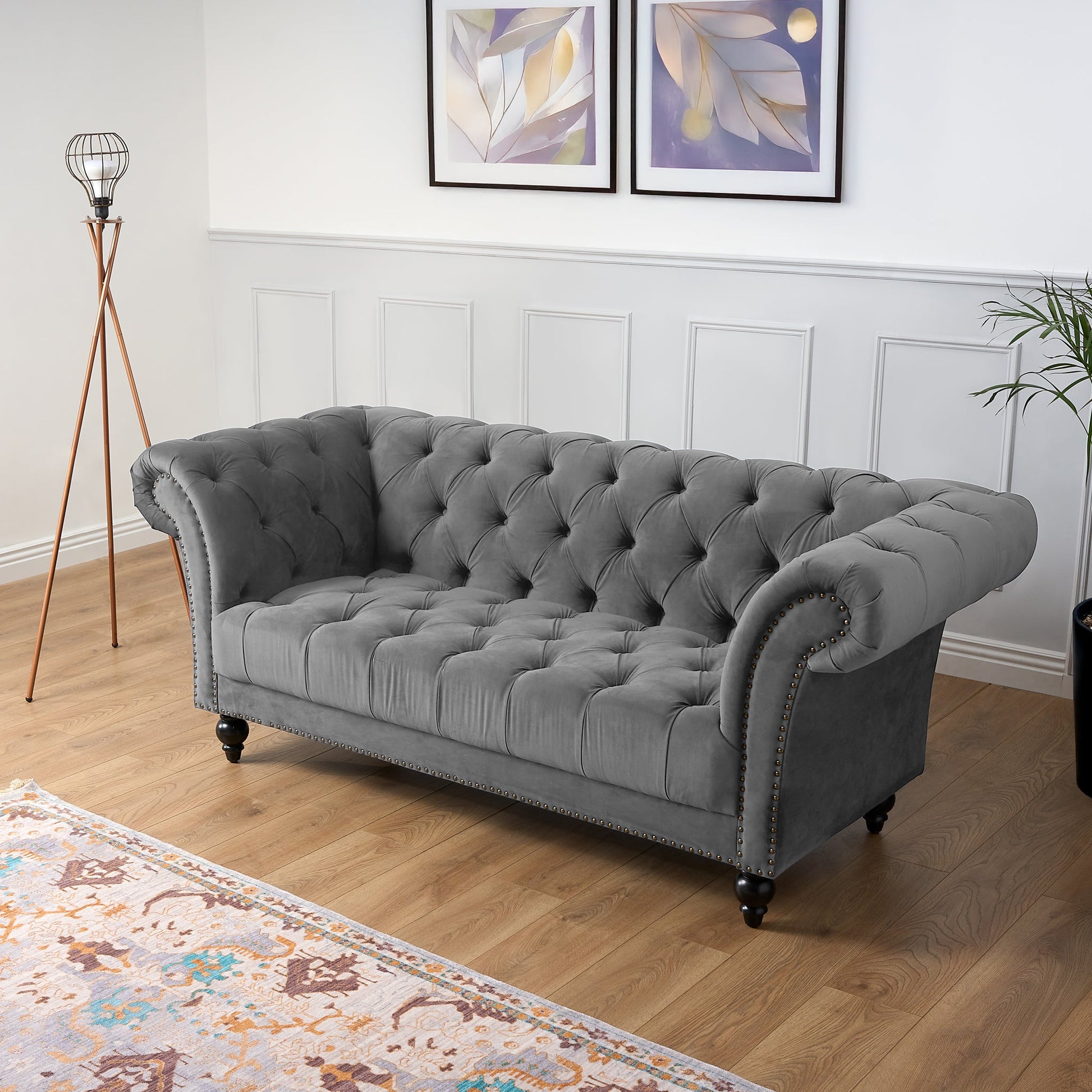 Cambridge Velvet Chesterfield Three Seater Sofa - Grey Bargainia