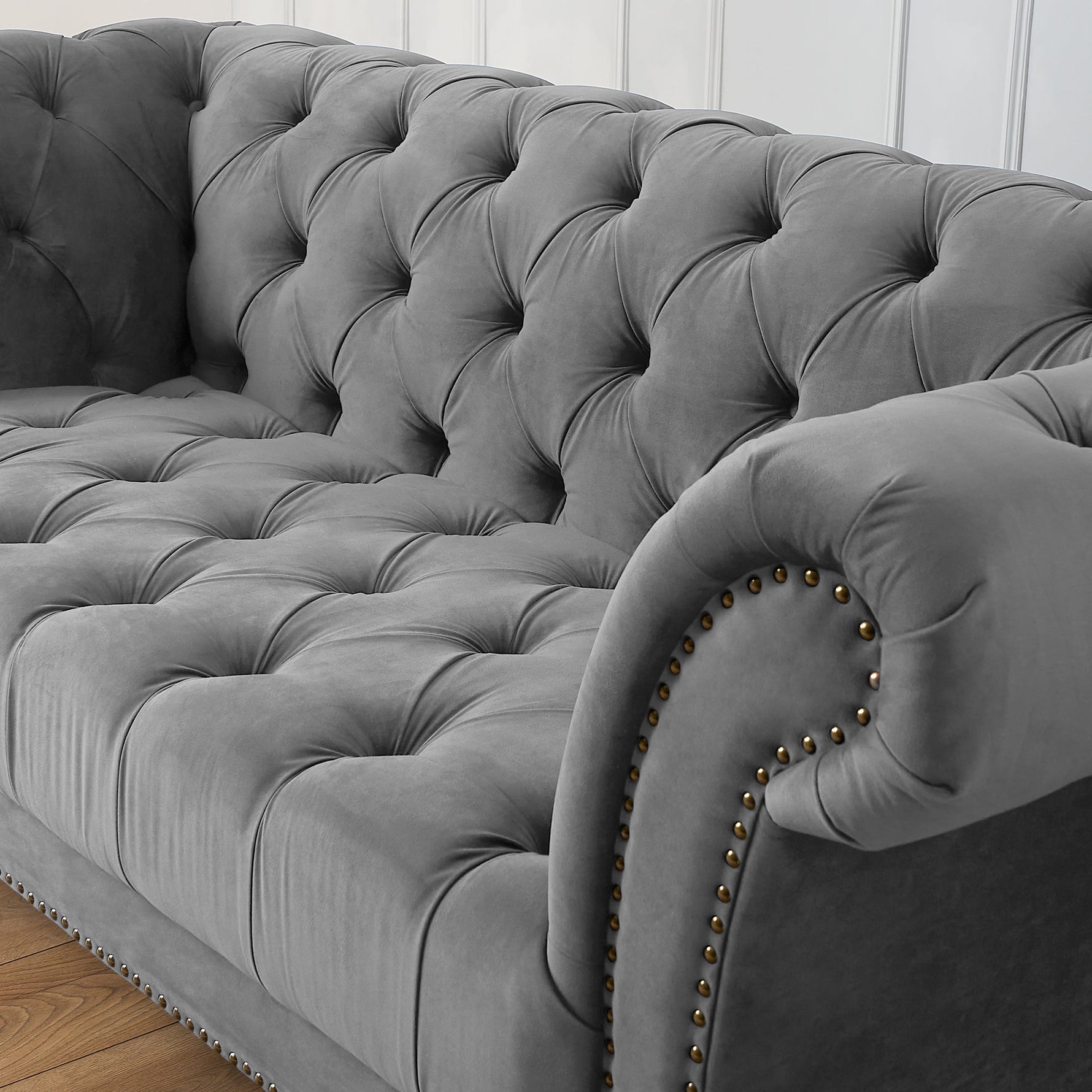 Cambridge Velvet Chesterfield Two & Three Seater Sofa Set - Grey - Bargainia.com - 