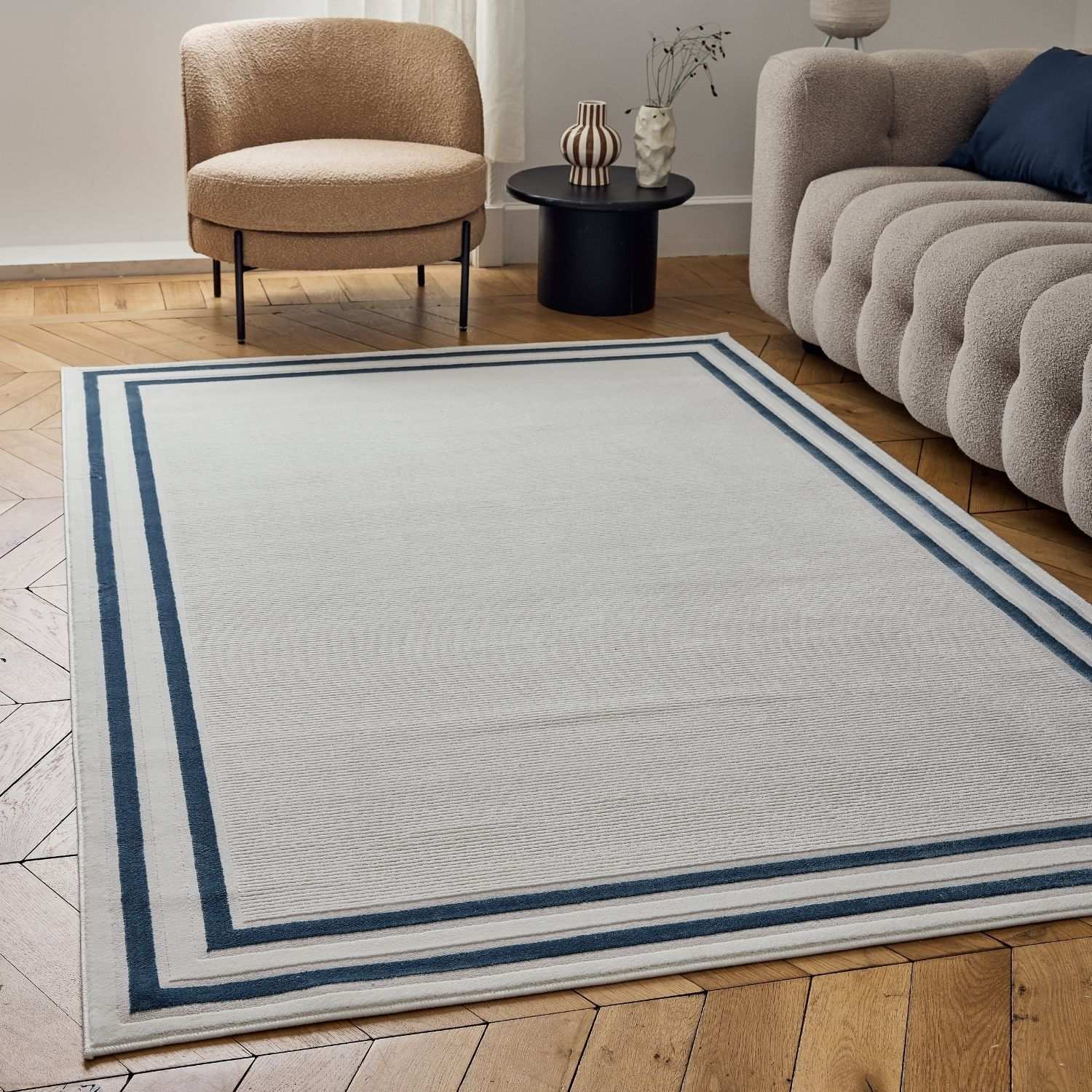 Carmel Cream - Blue Bordered Rug | 6060 - Bargainia.com - 
