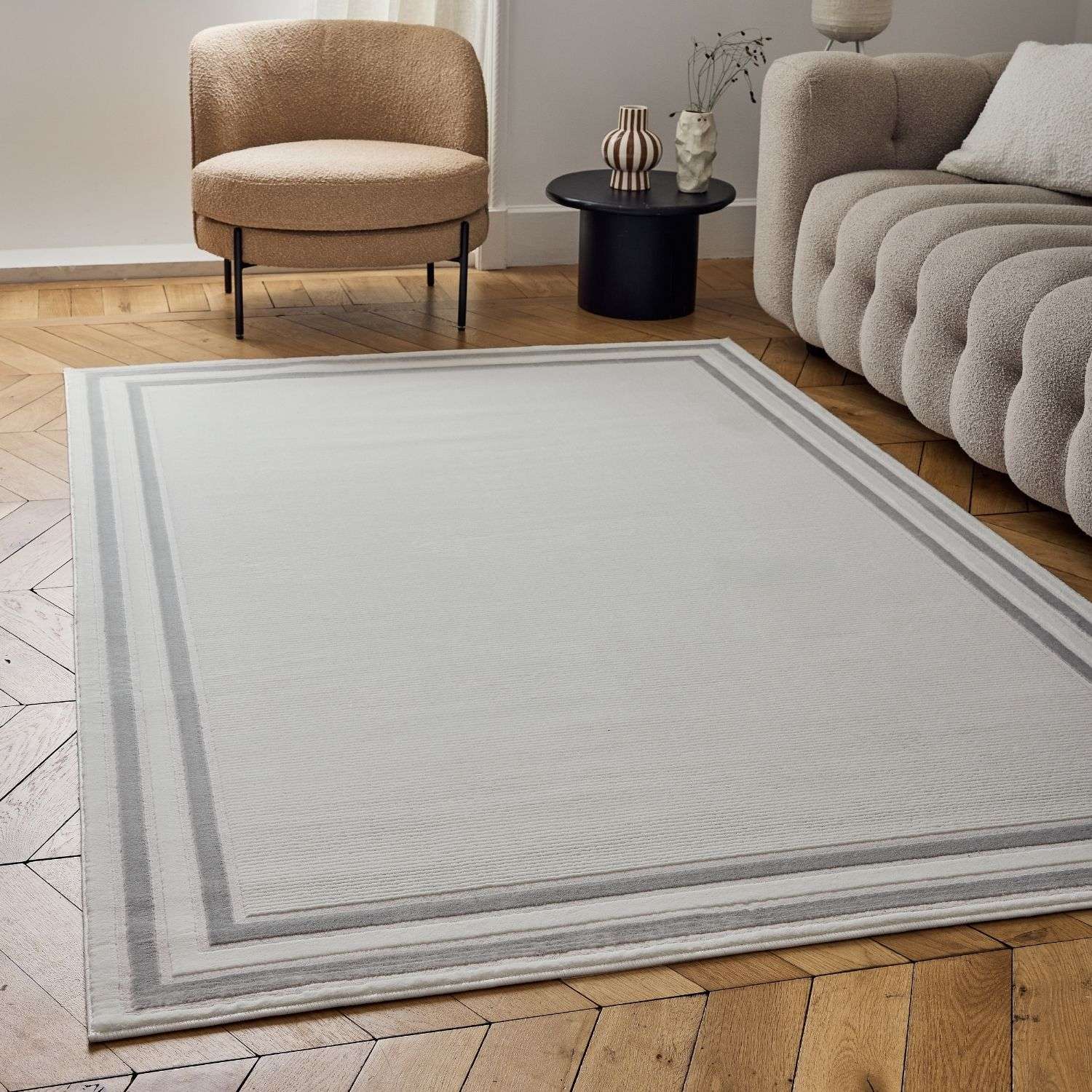 Carmel Cream - Grey Bordered Rug | 6060 - Bargainia.com - 5056584582208 - CRM-GRY-80x150