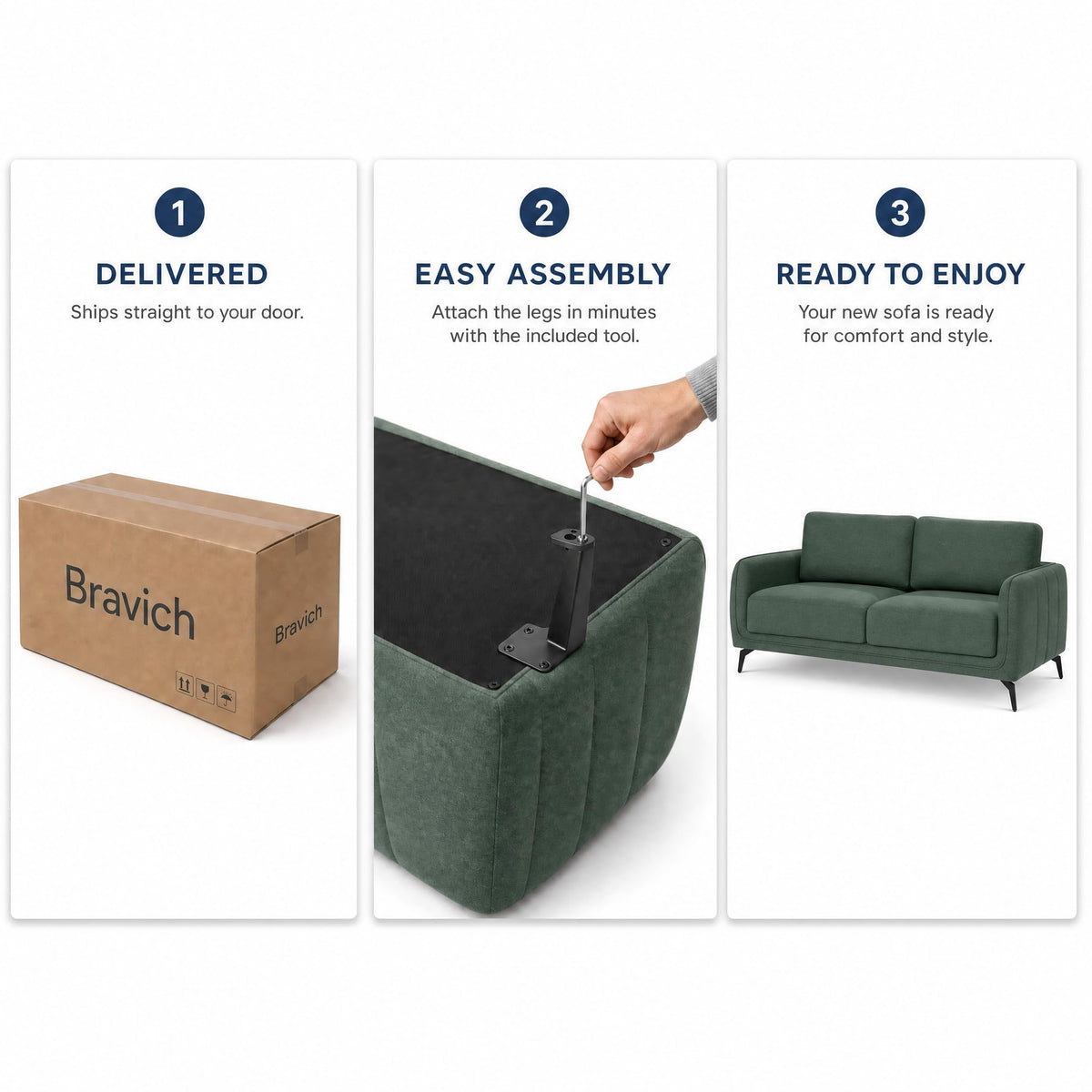 Brixton Green Fabric Sofa, 2 Seater Linen Look Settee with Solid Wood Frame, Foam Cushions and Steel Legs