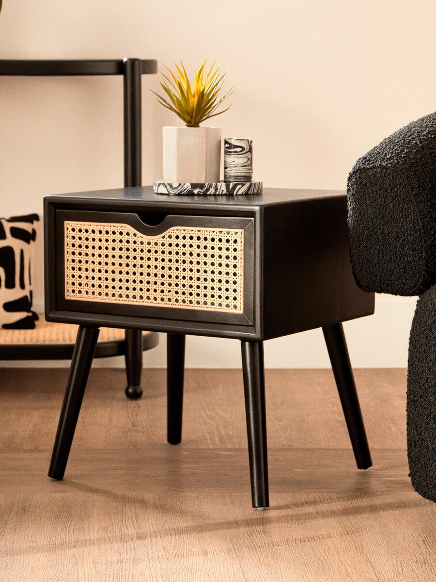 Cebu Black Side Table with Rattan Drawer - Bargainia.com - 5018705952727
