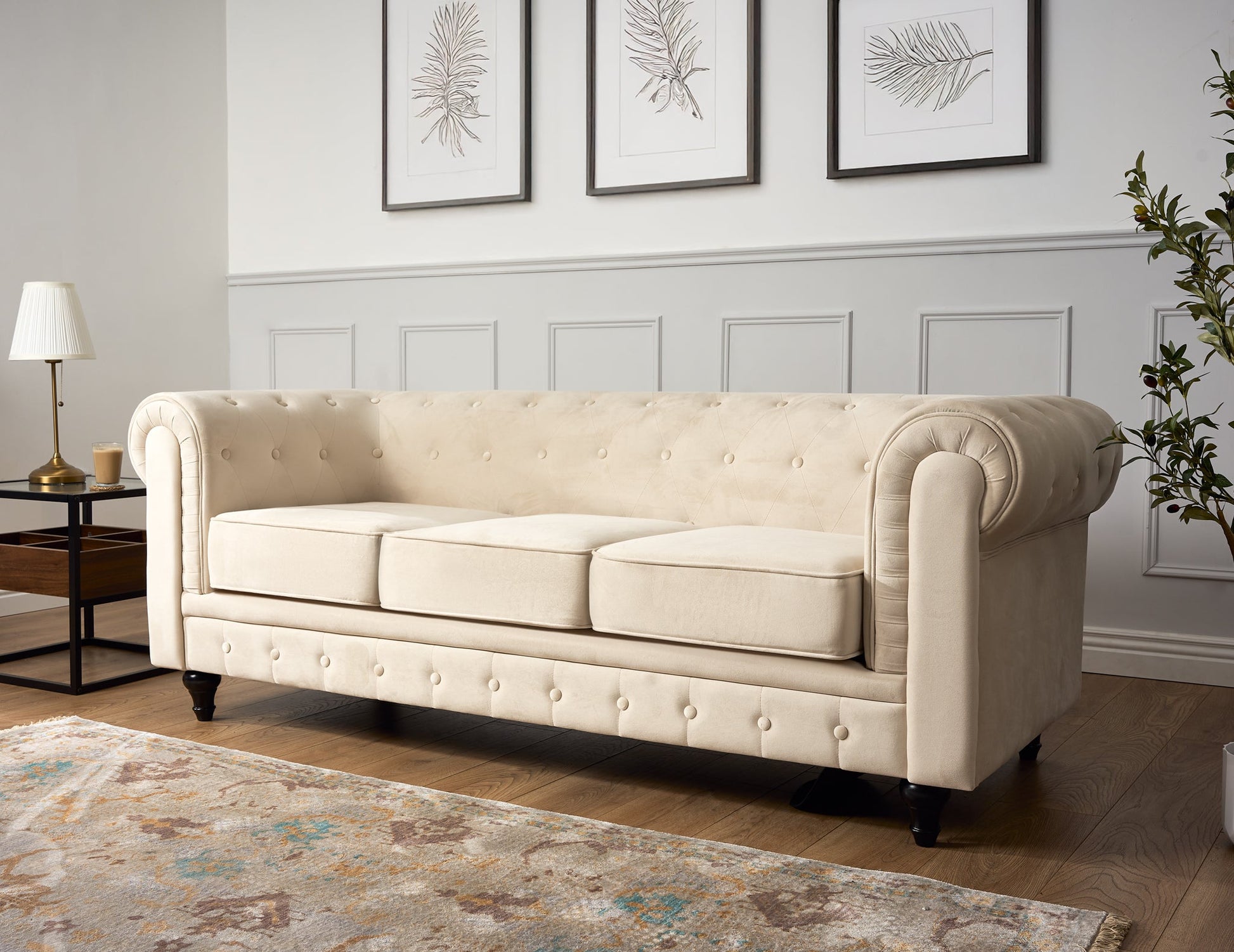 Chesterfield Sofa Suite - Cream Velvet Furniture Bargainia 3 Seater Sofa