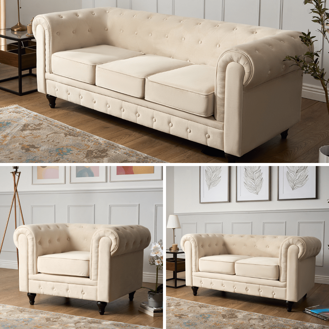 Chesterfield Sofa Suite - Cream Velvet Furniture Bargainia Full Suite 1+2+3 Seaters