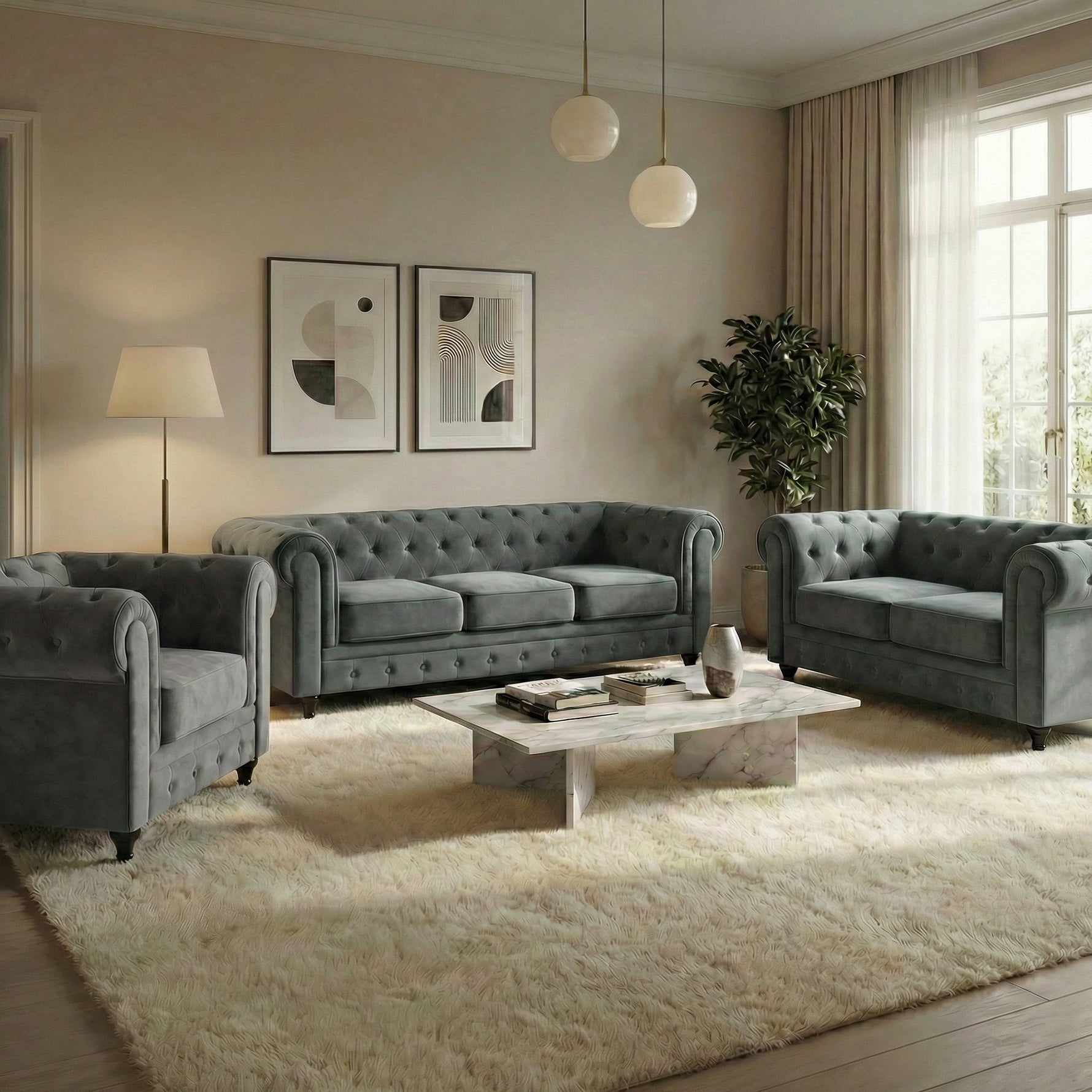 Chesterfield Sofa Suite - Grey Velvet - Bargainia.com - 5056536103703