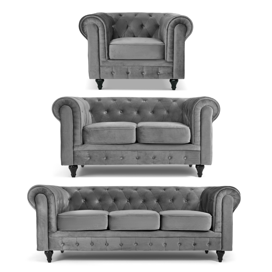 Chesterfield Sofa Suite - Grey Velvet - Bargainia.com - 