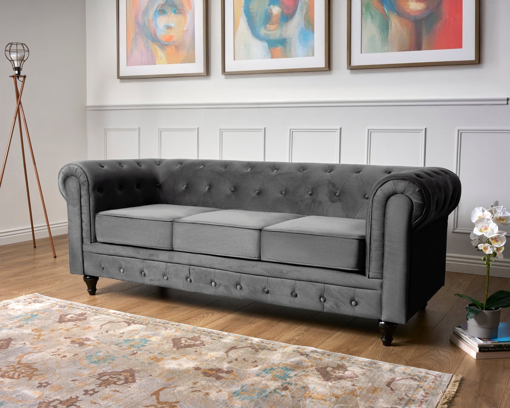 Chesterfield Sofa Suite - Grey Velvet - Bargainia.com - 