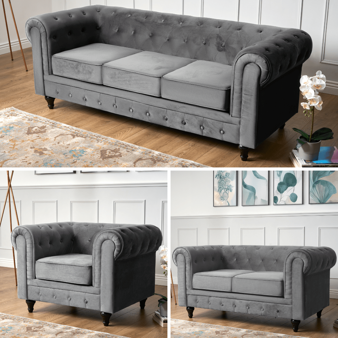 Chesterfield Sofa Suite - Grey Velvet - Bargainia.com - 