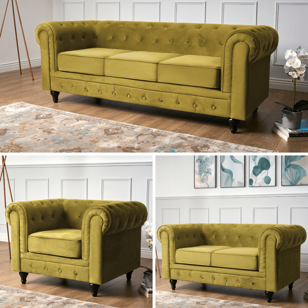 Chesterfield Sofa Suite - Olive Gold Velvet - Bargainia.com - 