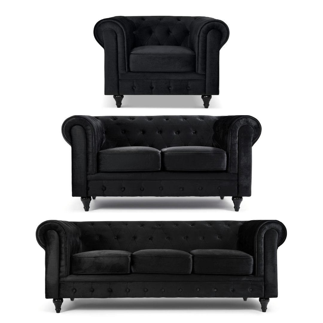 Chesterfield Sofa Suite - Velvet Black - Bargainia.com - 5056536103673 - H - 8200 - VLV - BLK - S321