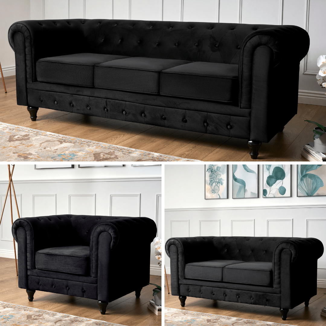 Chesterfield Sofa Suite - Velvet Black Furniture Bargainia