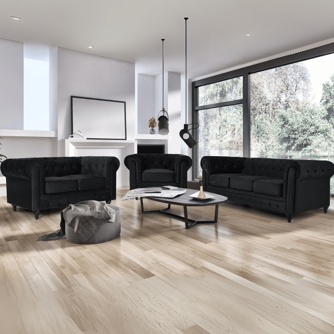 Chesterfield Sofa Suite - Velvet Black - Bargainia.com - 