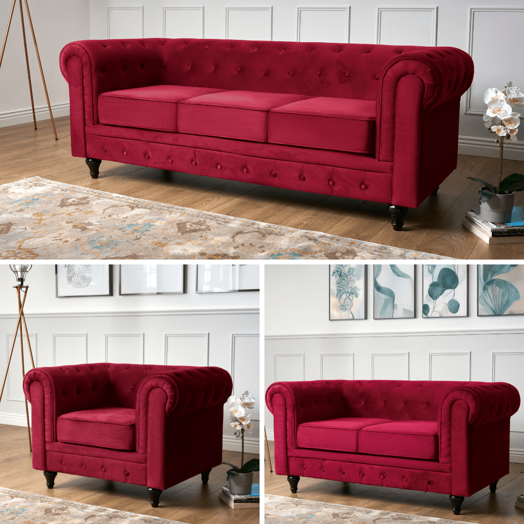 Chesterfield Sofa Suite - Wine Red Velvet - Bargainia.com - 