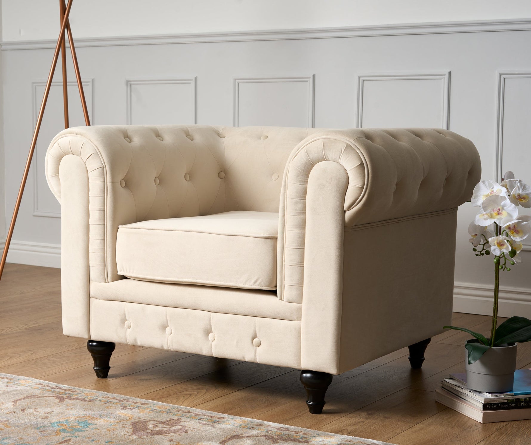 Chesterfield Velvet Arm Chair - Cream - Bargainia.com - 
