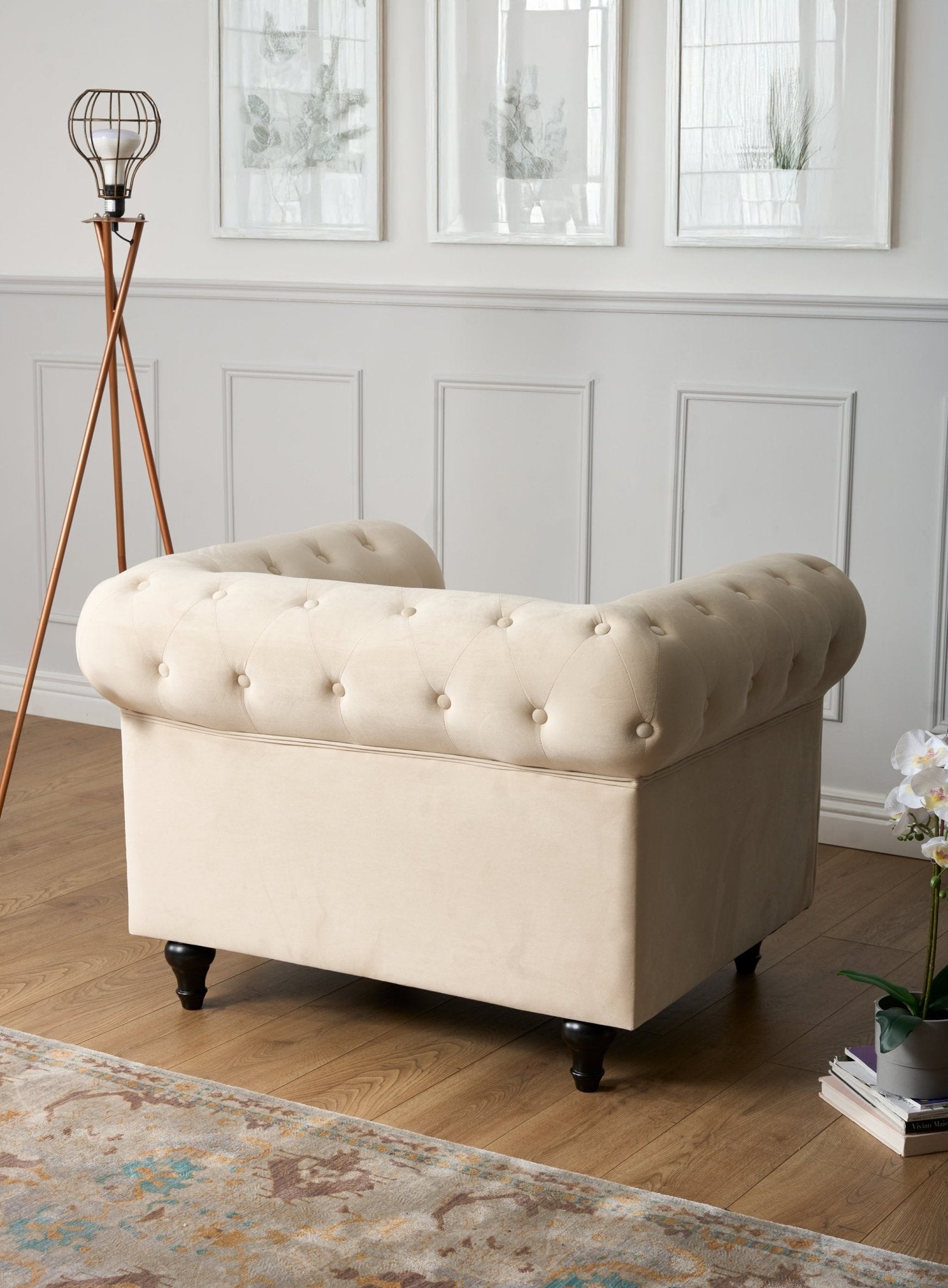 Chesterfield Velvet Arm Chair - Cream - Bargainia.com - 