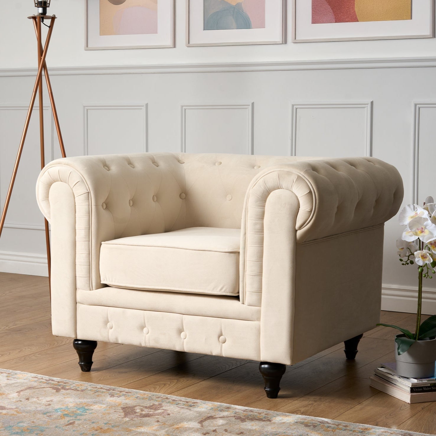 Chesterfield Velvet Arm Chair - Cream - Bargainia.com - 