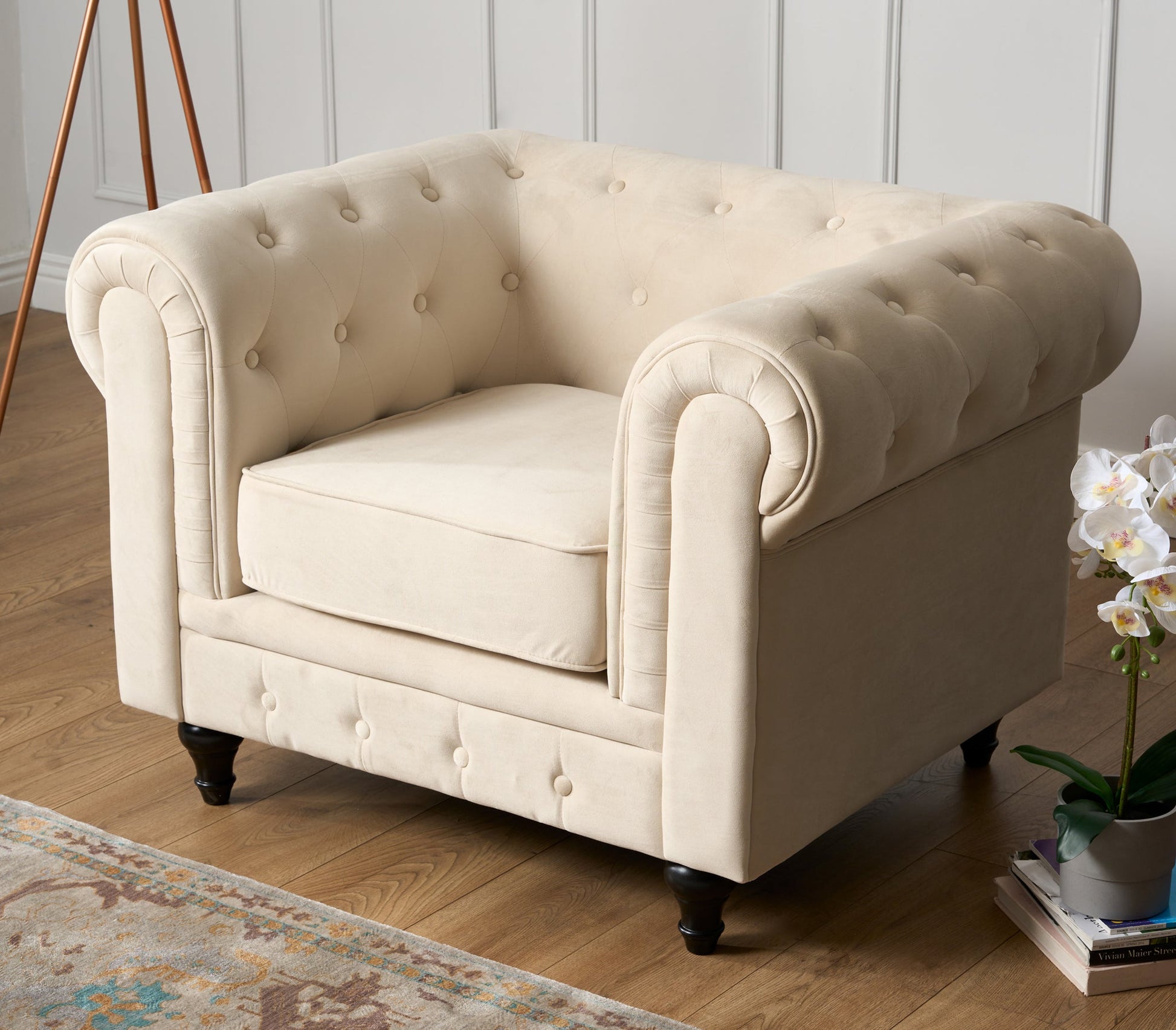 Chesterfield Velvet Armchair - Cream Furniture Bargainia