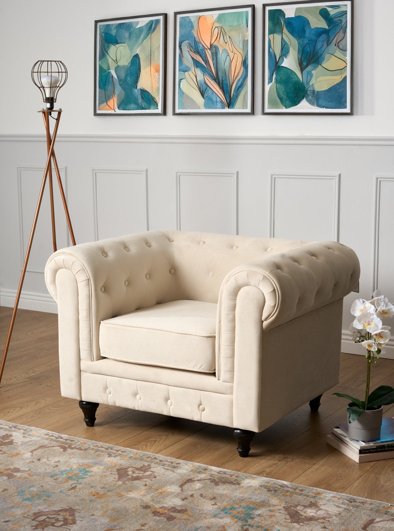 Chesterfield Velvet Arm Chair - Cream - Bargainia.com - 