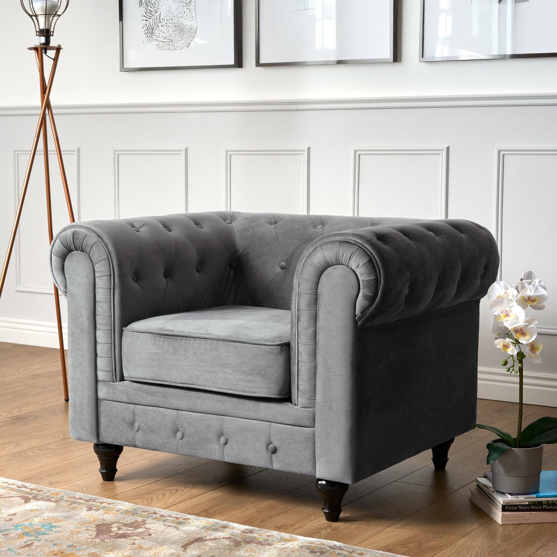 Chesterfield Velvet Arm Chair - Grey - Bargainia.com - 