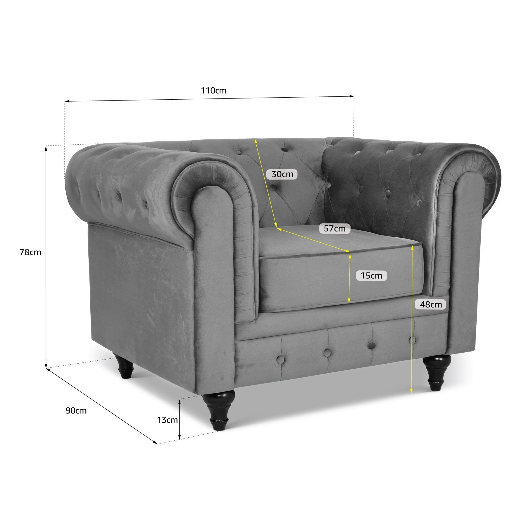 Chesterfield Velvet Arm Chair - Grey - Bargainia.com - 