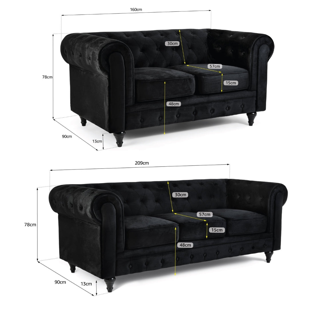 Chesterfield Velvet Two & Three Seater Sofa Set - Black - Bargainia.com - 