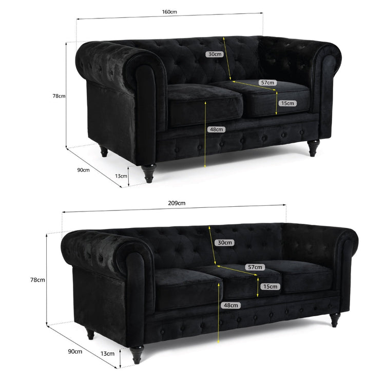 Chesterfield Velvet Two & Three Seater Sofa Set - Black - Bargainia.com - 