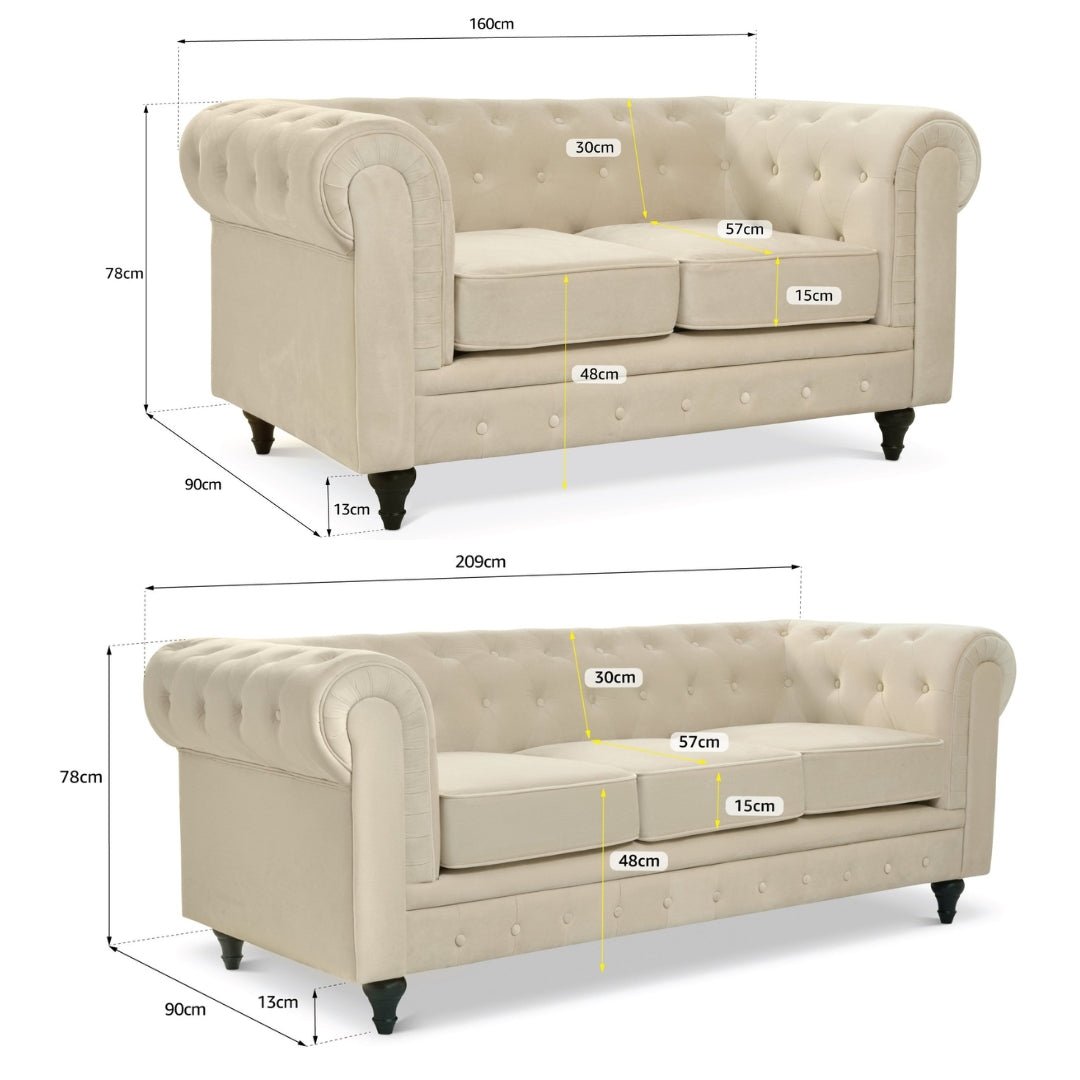 Chesterfield Velvet Two & Three Seater Sofa Set - Cream - Bargainia.com - 